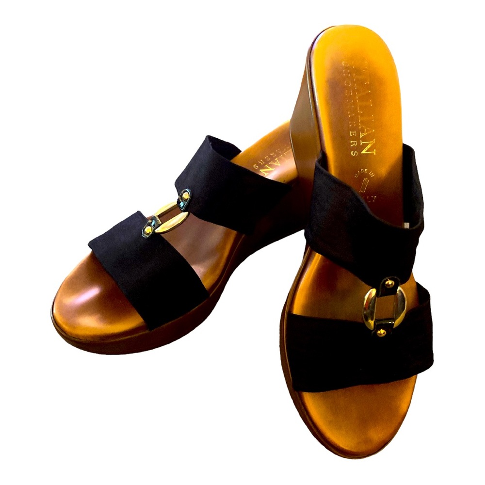 Italian Shoemakers Black Nylon Brass And Leather Wedge Sandal Womens Size 9